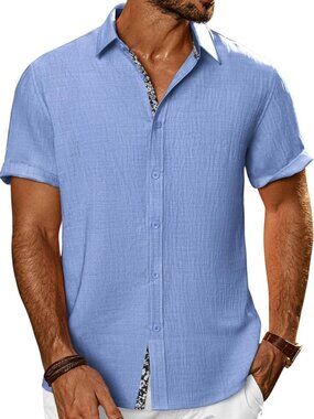Men's Clear Blue Button Down Short Sleeve Casual Textured Beach Wedding Shirt